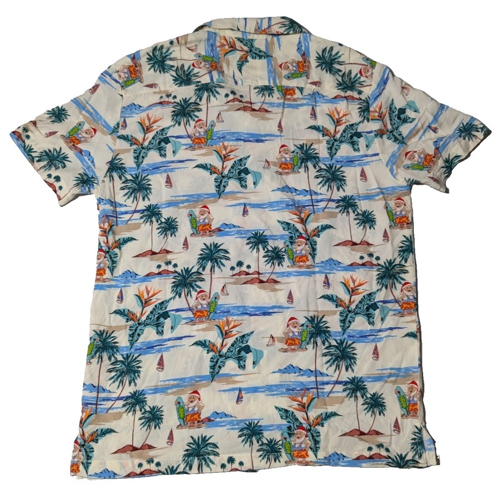 DENIM & FLOWER Santa Claus Hawaiian Beach Surfing Men Medium Ivory Shirt NEW - Picture 2 of 14